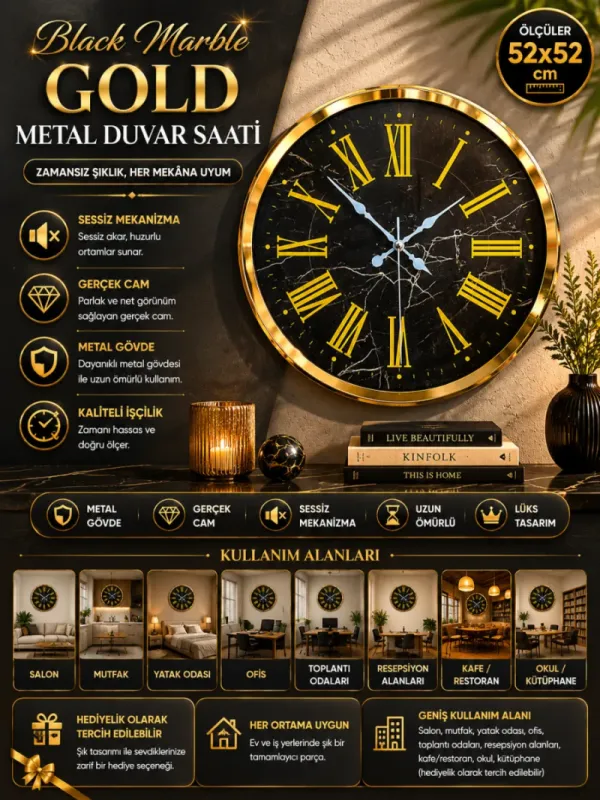 Gold Metal Duvar Saati 52 cm · Model 5271G