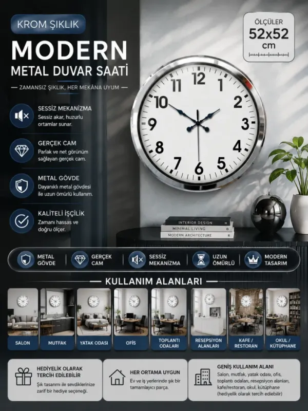 Krom Metal Duvar Saati 52 cm · Model 5201K