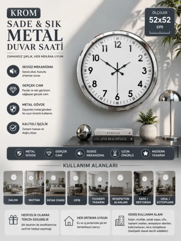 Krom Metal Duvar Saati 52 cm · Model 5205K