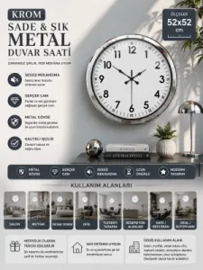 Krom Metal Duvar Saati 52 cm · Model 5205K