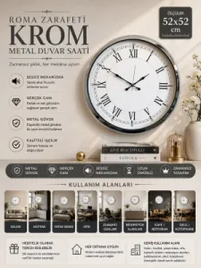 Roma Rakamlı Krom Metal Duvar Saati 52 cm · Model 5255K