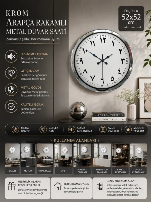 Krom Metal Duvar Saati 52 cm · Model 5299K