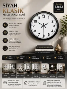 Siyah Metal Duvar Saati 52 cm · Model 5201B