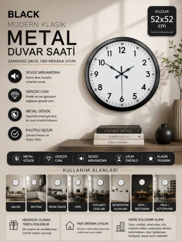Siyah Metal Duvar Saati 52 cm · Model 5205B