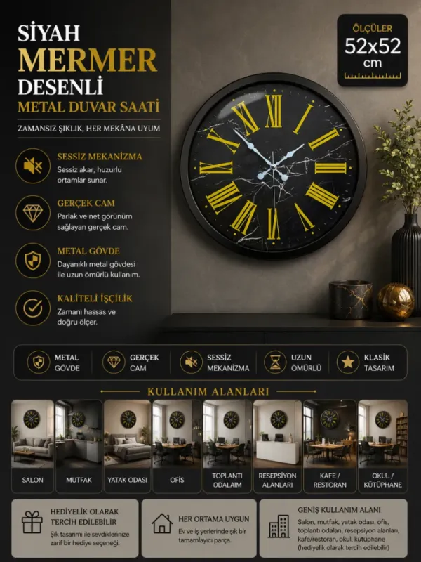 Desenli Siyah Metal Duvar Saati 52 cm · Model 5271B