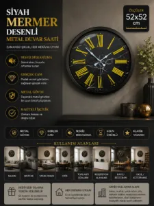 Desenli Siyah Metal Duvar Saati 52 cm · Model 5271B