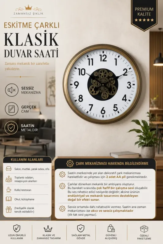 Eskitme Metal Çarklı Duvar Saati 60 cm · Model C-6001E