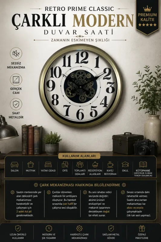 Retro Görünümlü Eskitme Metal Çarklı Duvar Saati 60 cm · Model C-6033E