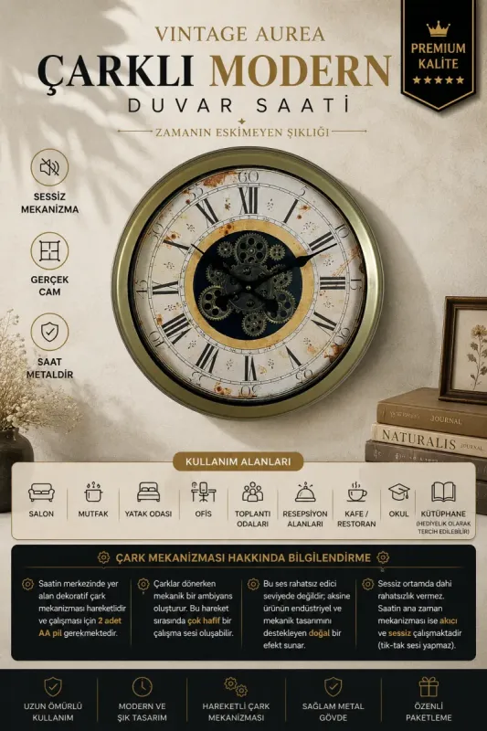 Retro Görünümlü Eskitme Metal Çarklı Duvar Saati 60 cm · Model C-6053E