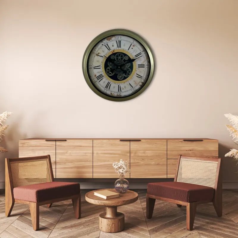 Retro Görünümlü Eskitme Metal Çarklı Duvar Saati 60 cm · Model C-6053E