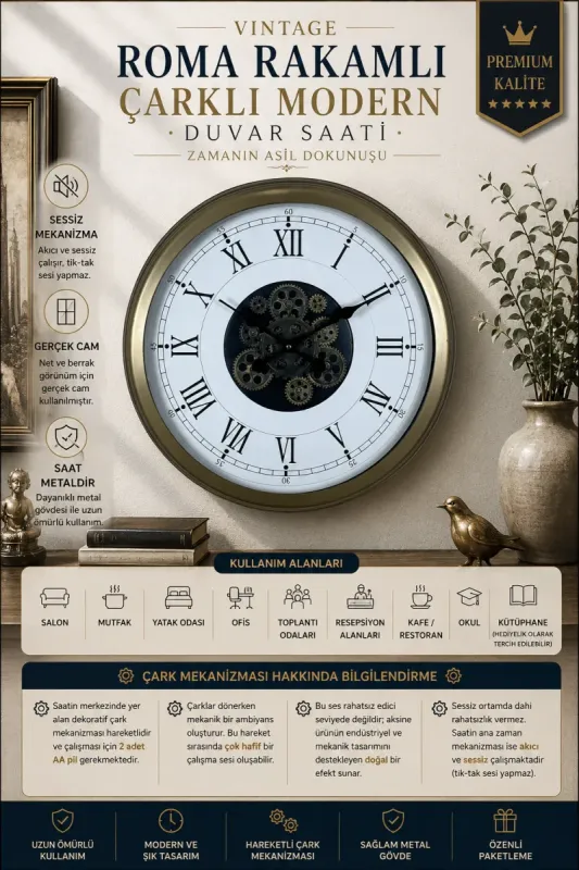 Roma Rakamlı Retro Görünümlü Eskitme Metal Çarklı Duvar Saati 60 cm · Model C-6055E