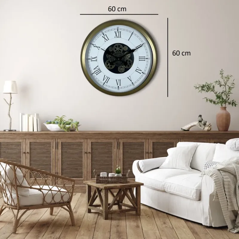 Roma Rakamlı Retro Görünümlü Eskitme Metal Çarklı Duvar Saati 60 cm · Model C-6055E