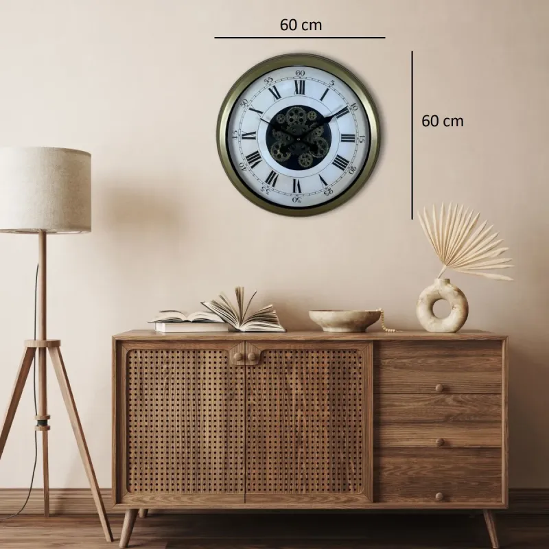 Roma Rakamlı Eskitme Metal Çarklı Duvar Saati 60 cm · Model C-6056E