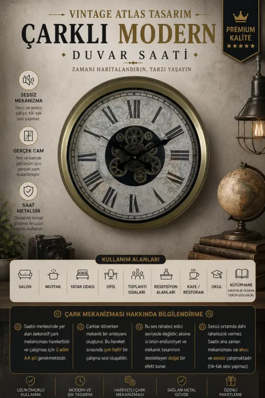Retro Görünümlü Eskitme Metal Çarklı Duvar Saati 60 cm · Model C-6057E