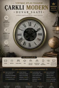 Retro Görünümlü Eskitme Metal Çarklı Duvar Saati 60 cm · Model C-6057E