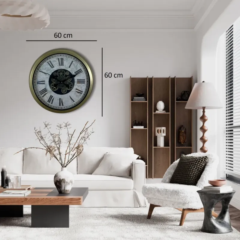 Retro Görünümlü Eskitme Metal Çarklı Duvar Saati 60 cm · Model C-6057E
