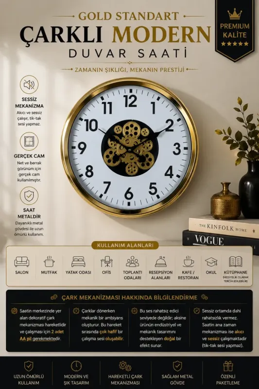 Gold Metal Çarklı Duvar Saati 60 cm · Model C-6001G