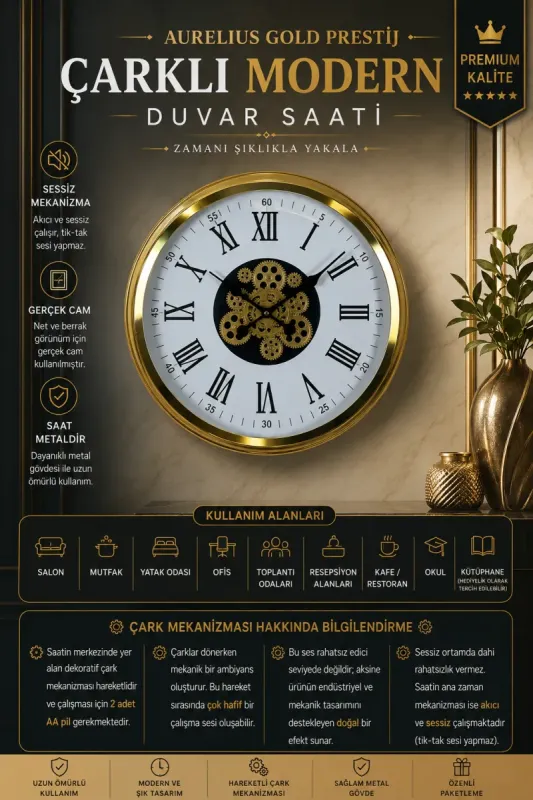 Gold Metal Çarklı Duvar Saati 60 cm · Model C-6054G