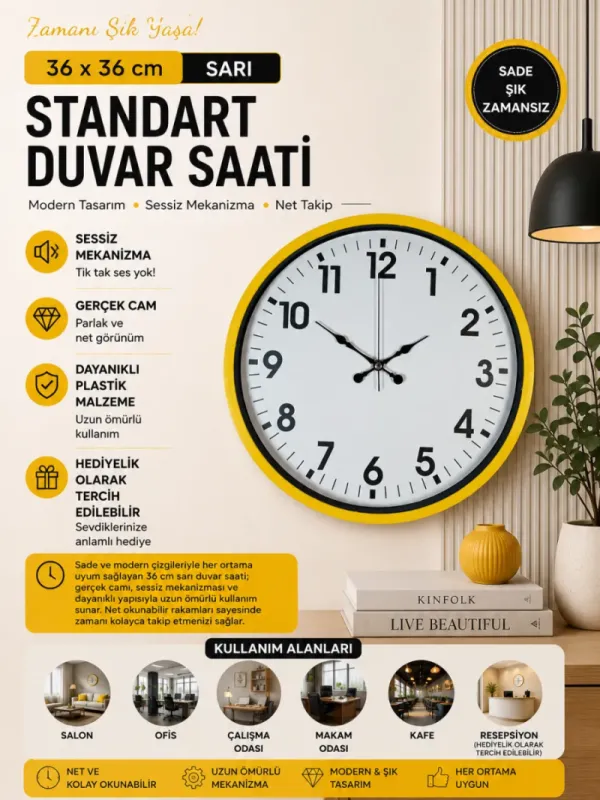 Sarı Plastik Duvar Saati 36 cm · Model PP-3601Y