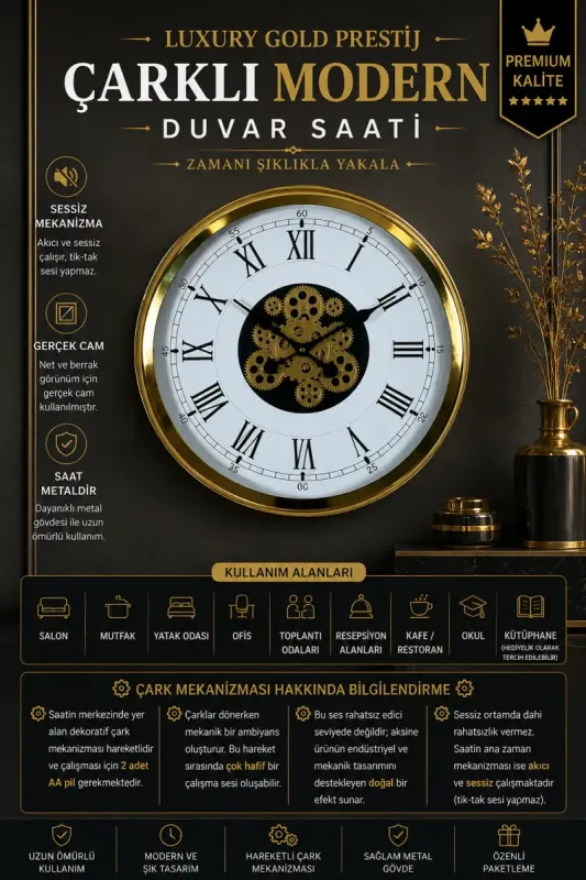 Gold Metal Çarklı Duvar Saati 60 cm · Model C-6055G