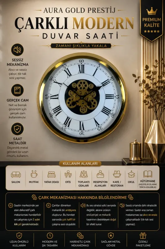 Gold Metal Çarklı Duvar Saati 60 cm · Model C-6056G