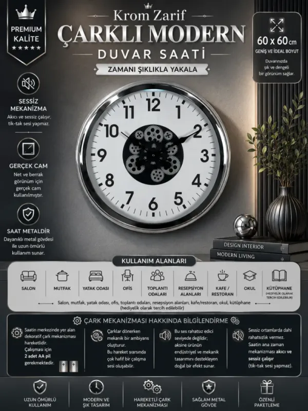 Krom Metal Çarklı Duvar Saati 60 cm · Model C-6001K