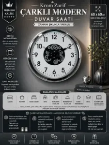 Krom Metal Çarklı Duvar Saati 60 cm · Model C-6001K