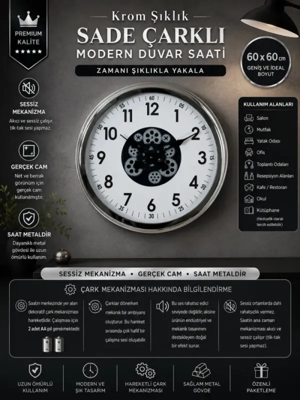 Krom Metal Çarklı Duvar Saati 60 cm · Model C-6005K