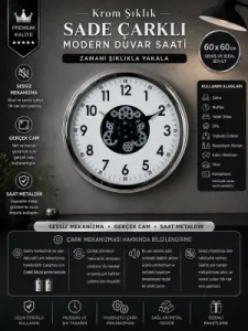 Krom Metal Çarklı Duvar Saati 60 cm · Model C-6005K