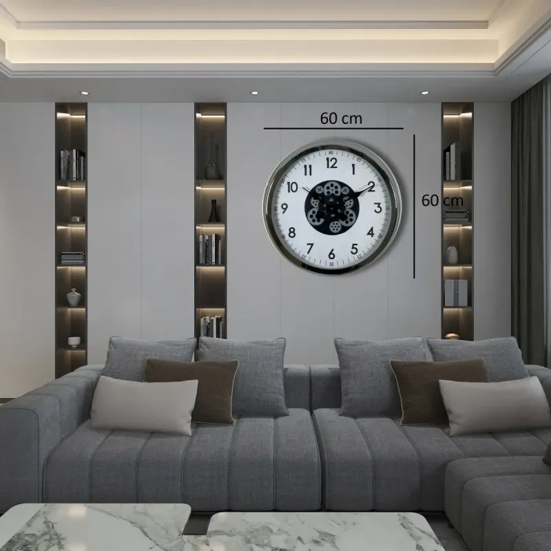 Krom Metal Çarklı Duvar Saati 60 cm · Model C-6005K