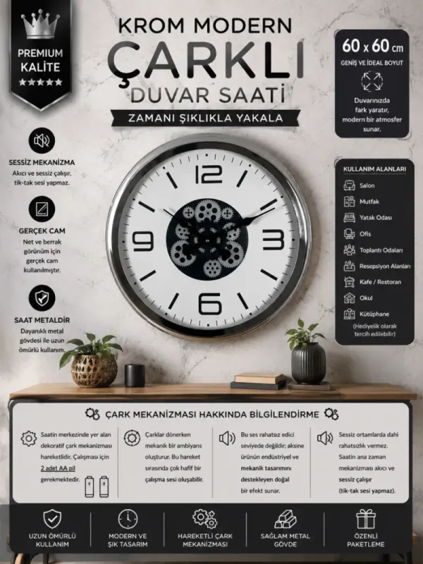 Krom Metal Çarklı Duvar Saati 60 cm · Model C-6008K