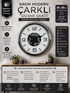 Krom Metal Çarklı Duvar Saati 60 cm · Model C-6008K
