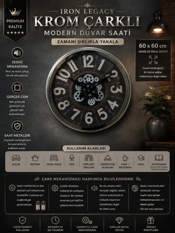 Krom Metal Çarklı Duvar Saati 60 cm · Model C-6032K
