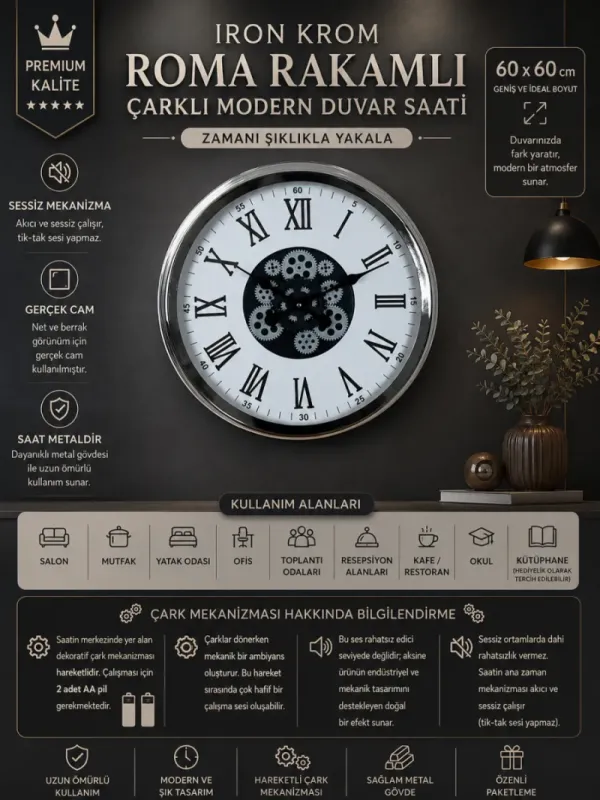 Roma Rakamlı Krom Metal Çarklı Duvar Saati 60 cm · Model C-6054K