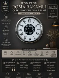 Roma Rakamlı Krom Metal Çarklı Duvar Saati 60 cm · Model C-6054K