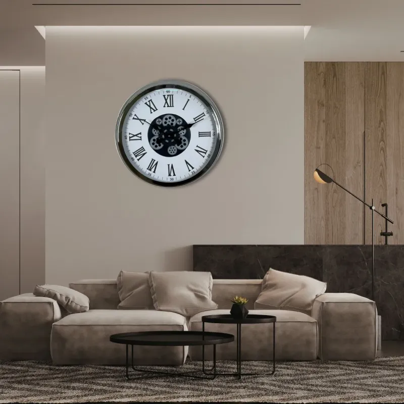 Roma Rakamlı Krom Metal Çarklı Duvar Saati 60 cm · Model C-6054K