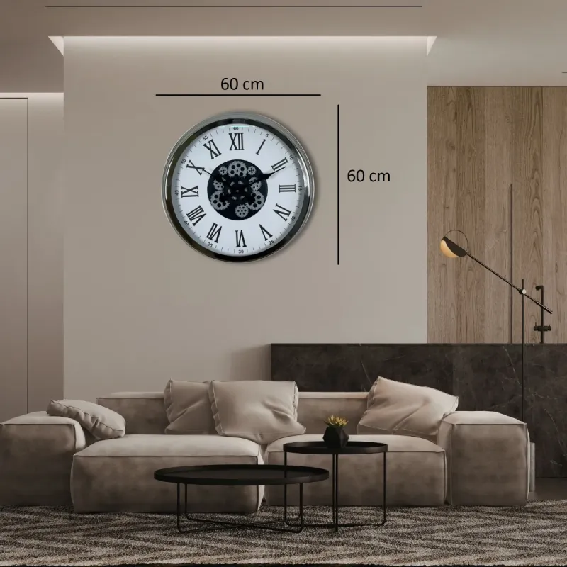 Roma Rakamlı Krom Metal Çarklı Duvar Saati 60 cm · Model C-6054K