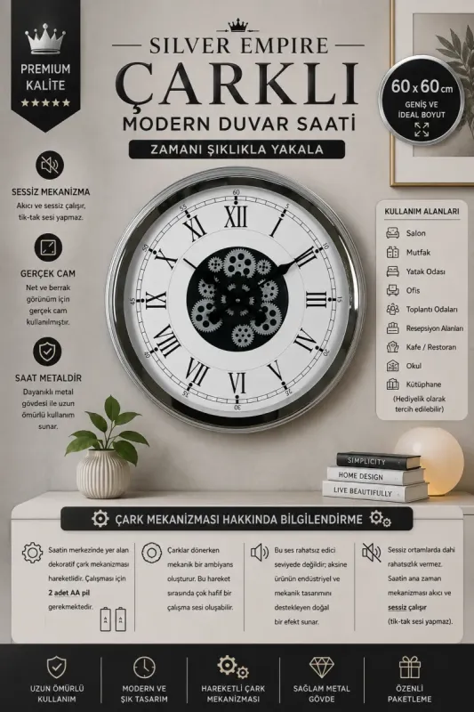 Krom Metal Çarklı Duvar Saati 60 cm · Model C-6055K
