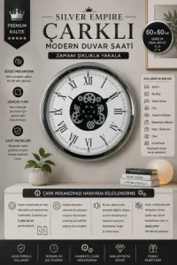 Krom Metal Çarklı Duvar Saati 60 cm · Model C-6055K