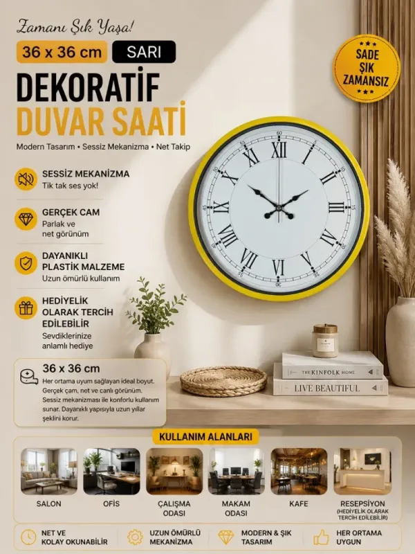 Roma Rakamlı Sarı Plastik Duvar Saati 36 cm · Model PP-3655Y