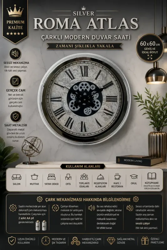 Roma Rakamlı Krom Metal Çarklı Duvar Saati 60 cm · Model C-6057K