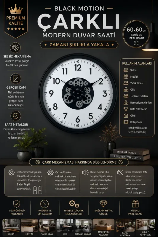 Siyah Metal Çarklı Duvar Saati 60 cm · Model C-6005B