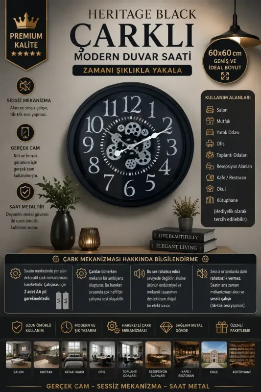 Siyah Metal Çarklı Duvar Saati 60 cm · Model C-6024B