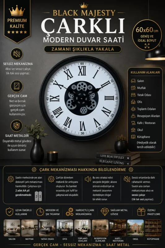 Siyah Metal Çarklı Duvar Saati 60 cm · Model C-6054B