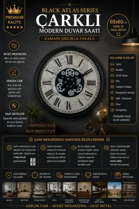 Siyah Metal Çarklı Duvar Saati 60 cm · Model C-6057B