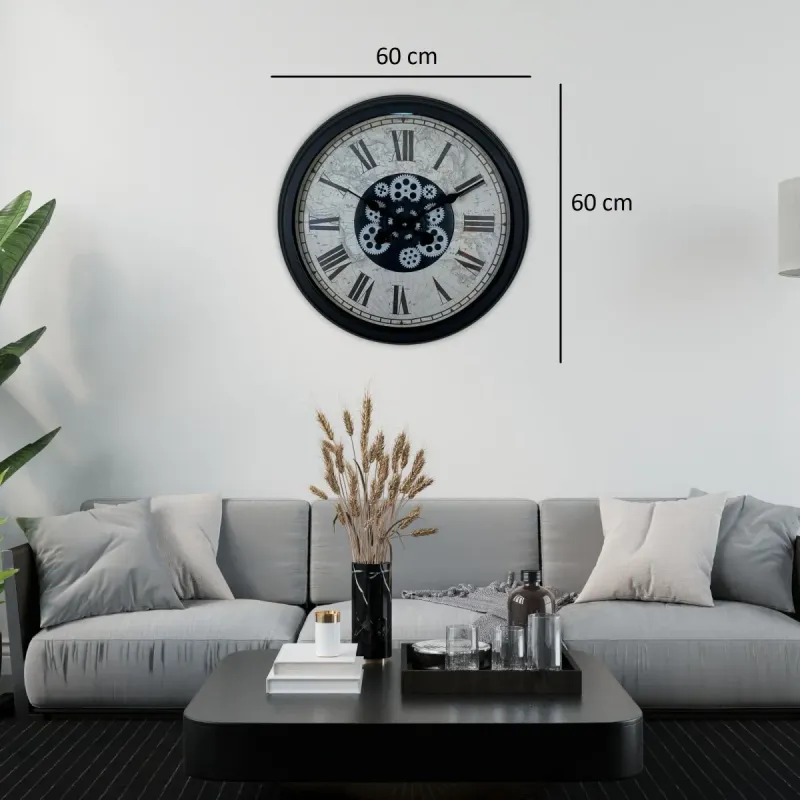Siyah Metal Çarklı Duvar Saati 60 cm · Model C-6057B