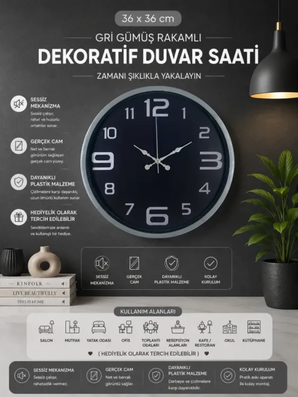 Gri Plastik Duvar Saati 36 cm · Model PP-3609K