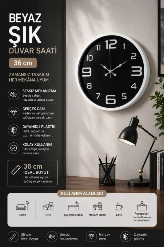 Beyaz Plastik Duvar Saati 36 cm · Model PP-3609W