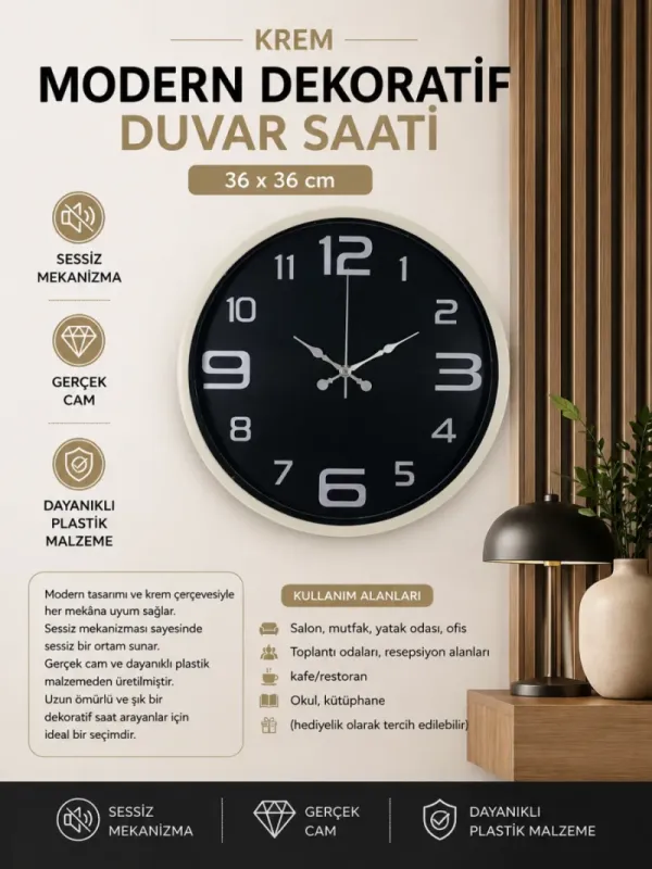 Krem Plastik Duvar Saati 36 cm · Model PP-3609X