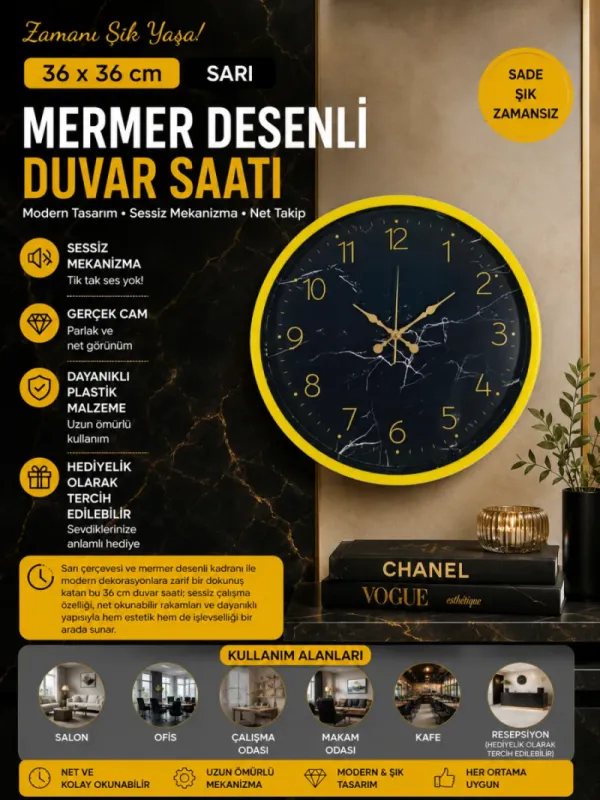 Desenli Sarı Plastik Duvar Saati 36 cm · Model PP-3611Y
